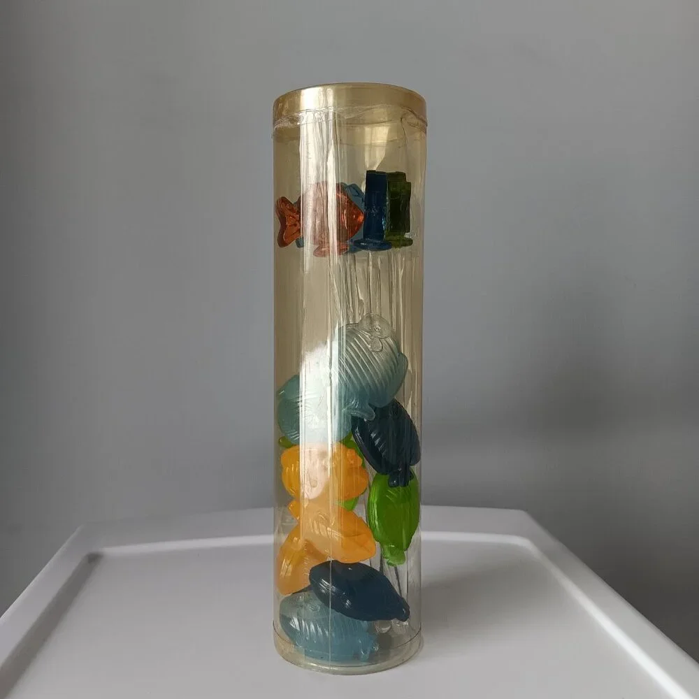 Vintage Pier 1 Glass Fish Swizzle Sticks & Plastic Fish Ice Cubes Set Blue